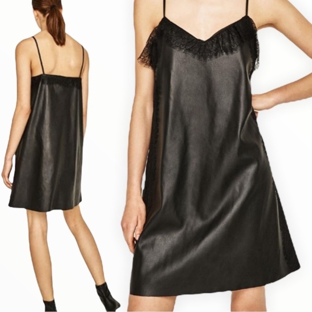 zara faux leather & lace slip dress black womens size xs